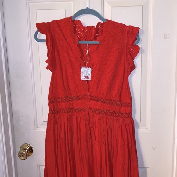 Free People Red Eyelet Sleeveless Button Front Dress - Picture 3 of 9